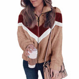 Women Ladies Stitching Zipper Wooly Cardigan Casual Long Sleeve Lapel Coat Tops
