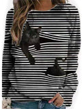 Women 3D Animal Patterns Stripes Design Long Sleeve T-shirt Crew Neck Loose Tops