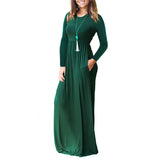 Women Tunic Waist Full Length Dress Solid Color Scoop Neck Slim Fit Long Sleeve
