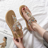 Women's Flat Sandals T-Strap Boho Style Rhinestone Flower Bead Summer Sandals