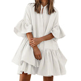 Women's Solid Color Ruffled Buttons Stand Up High Collar Mini Dress Casual Loose