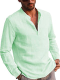 Mens Casual Cotton Linen Henley Shirts Long Sleeve T-shirt Tops Pullover Buttons