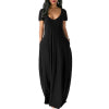 Women Solid Color Long Dress U Neck With Pockets Short Sleeve Comfortable Dress