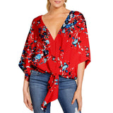 Women's Blouse Half Sleeve Printed Tie Cotton Top Beach Wear Deep V Neck Loose Shirt