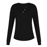 Women's Front Button Long Crochet Pockets Sleeve Lightweight Rib Tee Shirt Top