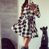 Women's Plaid Check V-Neck Long Sleeve A-Line Mini Dress Lace Up Casual Dresses