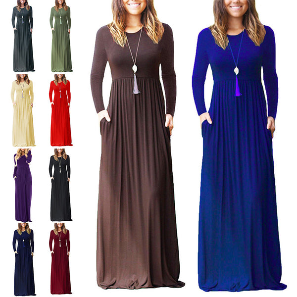 Women Tunic Waist Full Length Dress Solid Color Scoop Neck Slim Fit Long Sleeve