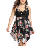 Women Plus Size Floral Swimdress Swimming Costumes Two Piece Swimwear Swimsuit for Ladies, Halterneck Bathing Suit Beachwear Push Up Padded Bra Backless Tummy Control