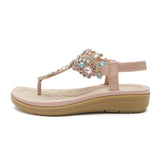 Women's Flat Sandals T-Strap Boho Style Rhinestone Flower Bead Summer Sandals