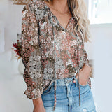 Women's Floral Print V Neck Loose Fit Long Lantern Sleeve T Shirts Pullover Tops