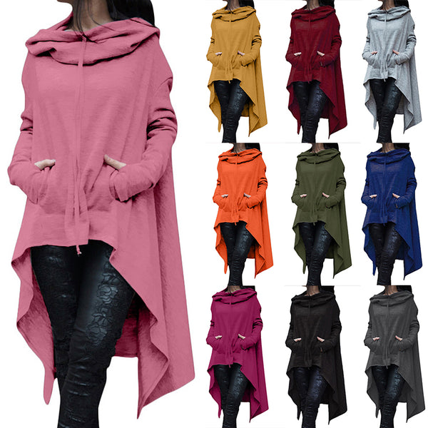 Women Hoodies Long Sleeve Tops Hooded Blouse Tunic Sweater Pockets Irregular Hem