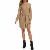 Women Solid Color Puff Sleeve Mini Dress Casual Loose Lace Up Pencil Tunic Dress
