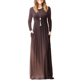 Women Tunic Waist Full Length Dress Solid Color Scoop Neck Slim Fit Long Sleeve