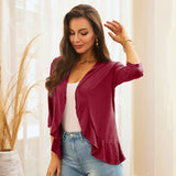 Women's Solid Color Ruffle Edge Midi Sleeve Cardigan Fashionable Commuting Tops
