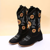 Ladies Sunflower Print Mid Calf Boots Slip On Daily Wear Chunky Heel Tall Boot