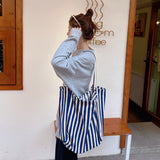 Striped Canvas Beach Tote Casual Daily Travel Shoulder Bag Handbag Shopping Bag