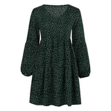 Womens Polka Dot Mini Dress Ruffled Long Sleeve V Neck Autumn A-line Loose Dress
