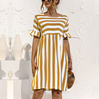 Women Fashion Skirt Striped Printed Short Sleeve Round Neck Casual Dress Ruffles