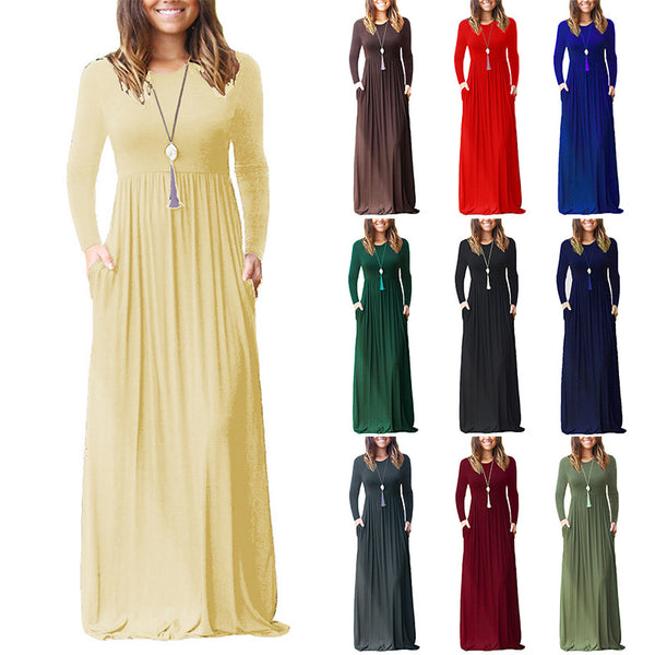 Women Tunic Waist Full Length Dress Solid Color Scoop Neck Slim Fit Long Sleeve