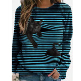 Women 3D Animal Patterns Stripes Design Long Sleeve T-shirt Crew Neck Loose Tops