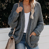 Women Long Sleeve Cardigan Open Front Draped Solid Casual Side Pockets Warm Coat