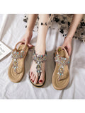 Women's Flat Sandals T-Strap Boho Style Rhinestone Flower Bead Summer Sandals