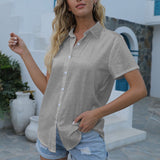 Women's Casual Solid Color Lapel Short Sleeve Shirt Loose Casual Cardigan Tops