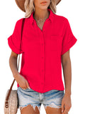 Women Lapel Top Short Sleeve Solid Color T-Shirt Blouse Casual Pullover Button