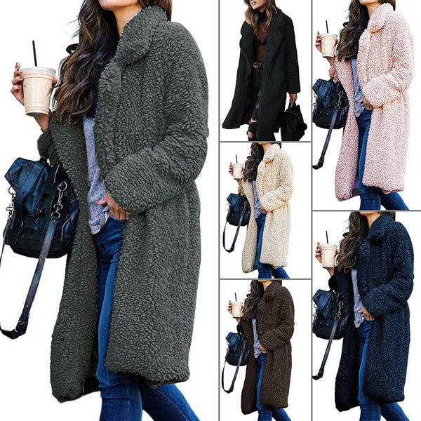 Women Fuzzy Fleece Lapel Open Front Long Cardigan Coat Faux Fur Warm Winter Outwear Jackets