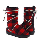 Women Red Plaid Lace Up Cotton Boots Flat Round Toe Casual High Top Warm Boots