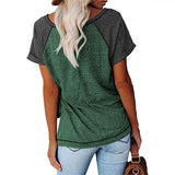 Women Color Matching V-Neck Short Sleeve Top T-Shirt Loose Blouse Pullover Tunic