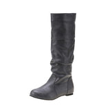 Womens Knee High Boots Winter Warm Fashion Leather Chunky Heel Slip On Flat Booties