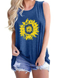 Women's Round Neck Sleeveless Loose Tank Sunflower Printed Pullover Hips Length