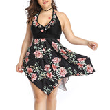Women Plus Size Floral Swimdress Swimming Costumes Two Piece Swimwear Swimsuit for Ladies, Halterneck Bathing Suit Beachwear Push Up Padded Bra Backless Tummy Control