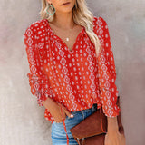 Women's Floral Print V Neck Loose Fit Long Lantern Sleeve T Shirts Pullover Tops
