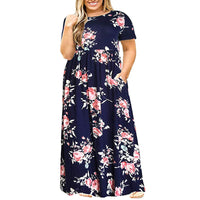 Womens Floral Printed Crew Neck Maxi Dresses Short Sleeves Plus Size Swing Dress
