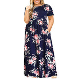 Womens Floral Printed Crew Neck Maxi Dresses Short Sleeves Plus Size Swing Dress