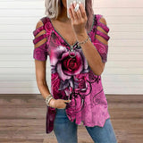 Women Hollow Floral Printed Tops Casual Short Sleeve Shirt Blouse Pullover Tunic