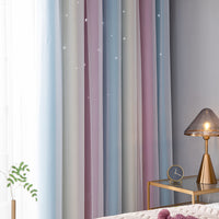 Double Layer Gradient Blackout + Sheer Curtains Starry Hollow-Out Stars Curtain Room Darkening Starry Curtain Eyelet Ring Top Window Drape for Kids Girls Children Bedroom Decor