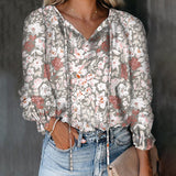 Women's Floral Print V Neck Blouse Shirts Loose Fit Long Lantern Sleeve T Shirts Pullover Tops