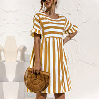Women Fashion Skirt Striped Printed Short Sleeve Round Neck Casual Dress Ruffles