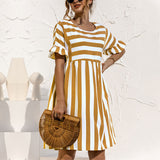 Women Fashion Skirt Striped Printed Short Sleeve Round Neck Casual Dress Ruffles