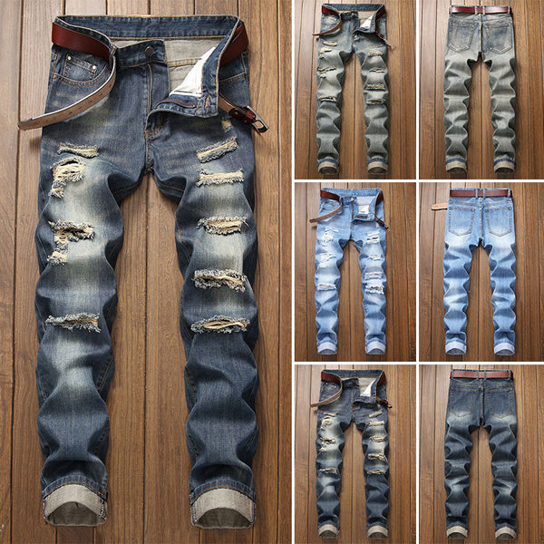 Men Ripped Jeans Straight Skinny Slim Fit Denim Pants Destroyed Frayed Trousers