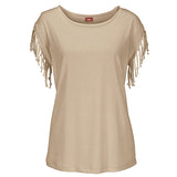 Plus Size Women Summer Short Sleeve Tassel Casual Tops Blouses Solid T-Shirt Bodycon Scoop Neck Shirt