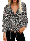 Women's Floral Print V Neck Blouse Shirts Loose Fit Long Lantern Sleeve T Shirts Pullover Tops