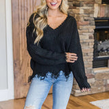 Women V Neck Ripped Tassel Knitted Sweater Jumper Off Shoulder Pullover Knitwear