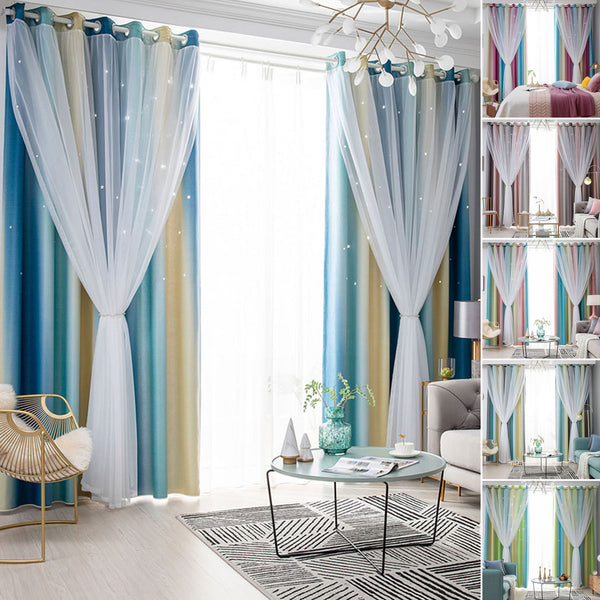 Double Layers Blackout Curtain For Living Room,Room Darkening Curtain For Bedroom,Kids Girls Room Rainbow Star Window Curtain,Thermal Insulated Grommet Curtain Panel,Eyelet Ring Top Window Drapes