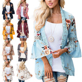 Lady Lace Hollow Flowers Flared Sleeve Open Front Outwear Casual Light Smock Top