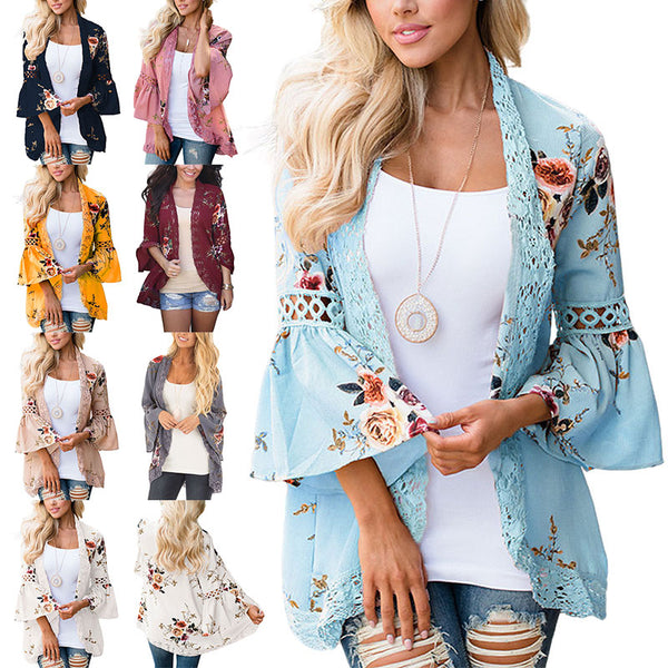 Lady Lace Hollow Flowers Flared Sleeve Open Front Outwear Casual Light Smock Top