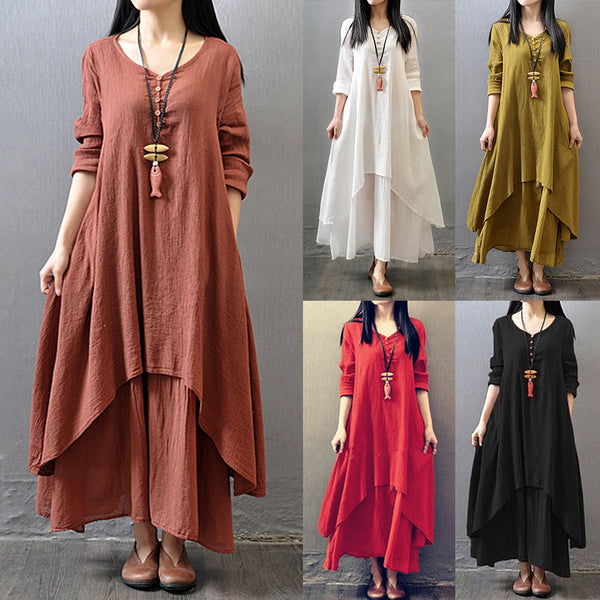 Women Peasant Ethnic Boho Cotton Linen Long Sleeve Maxi Dress Gypsy Blouse Shirt